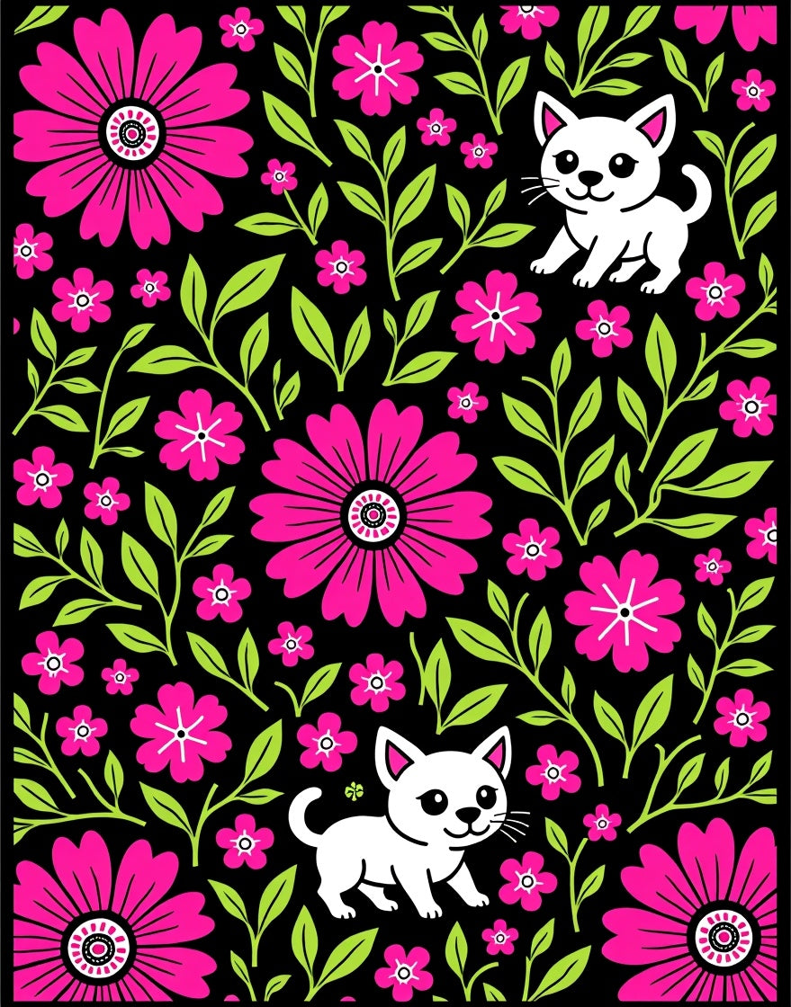 Whimsical Pink Floral Kitten Garden Rug