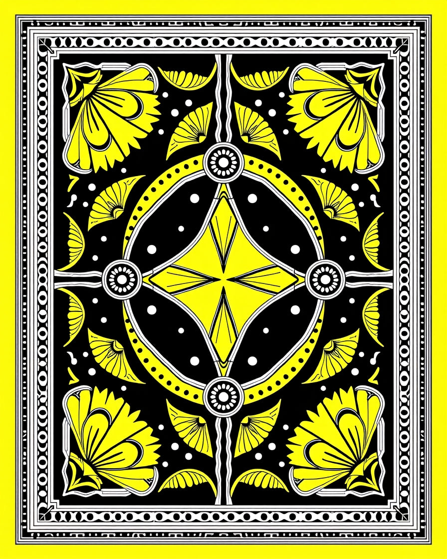 Vibrant Yellow Black Floral Frame Rug