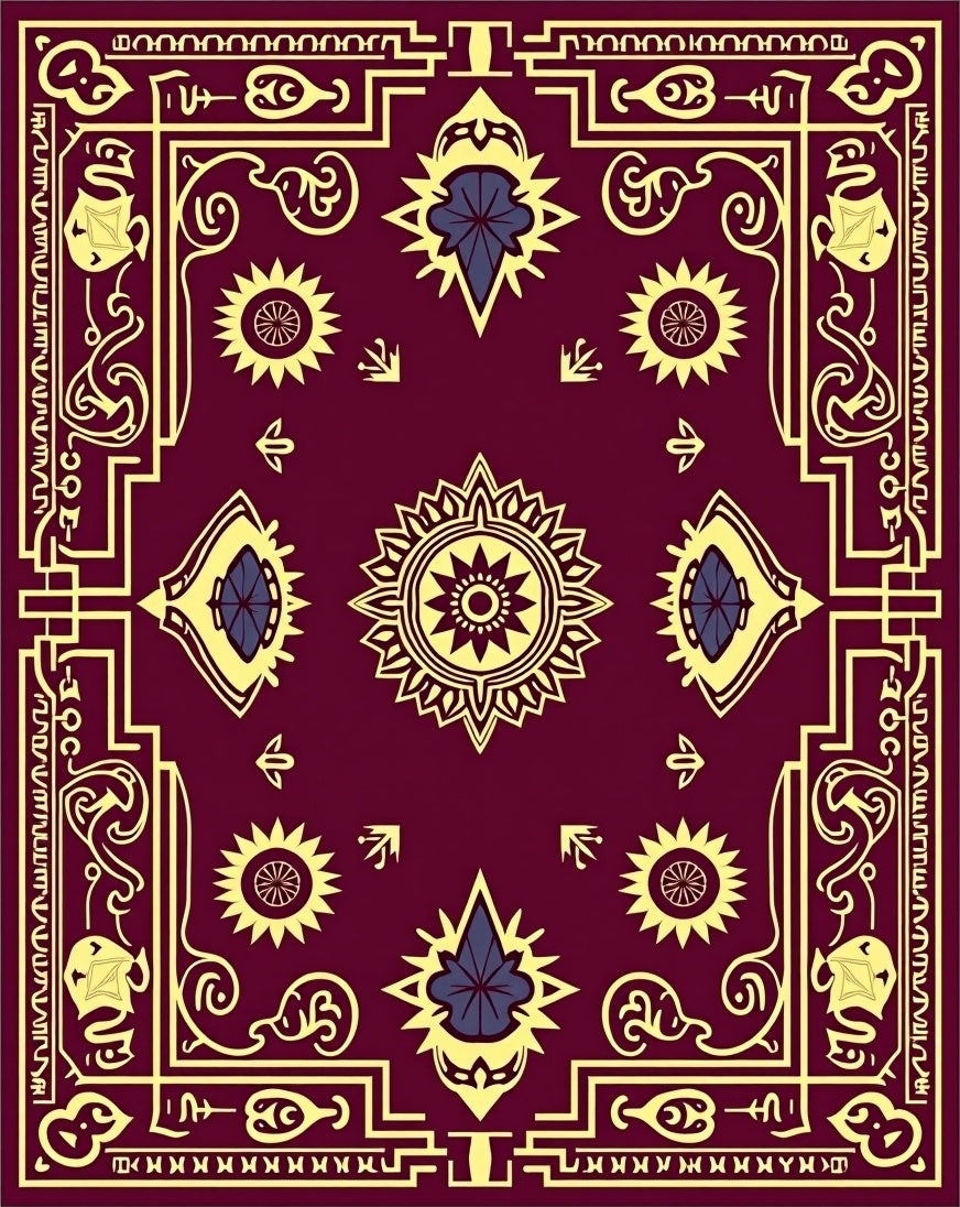 Maroon and Gold Sun Mandala Border Rug