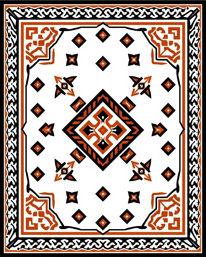 Graphic Orange Black Diamond Medallion Rug