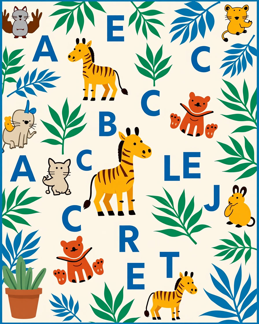 Jungle Alphabet Animals Botanical Whimsy Rug