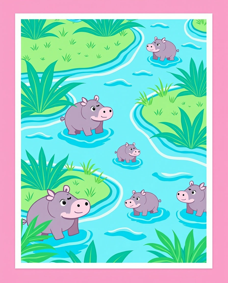 Playful Lilac Hippos River Scene Rug