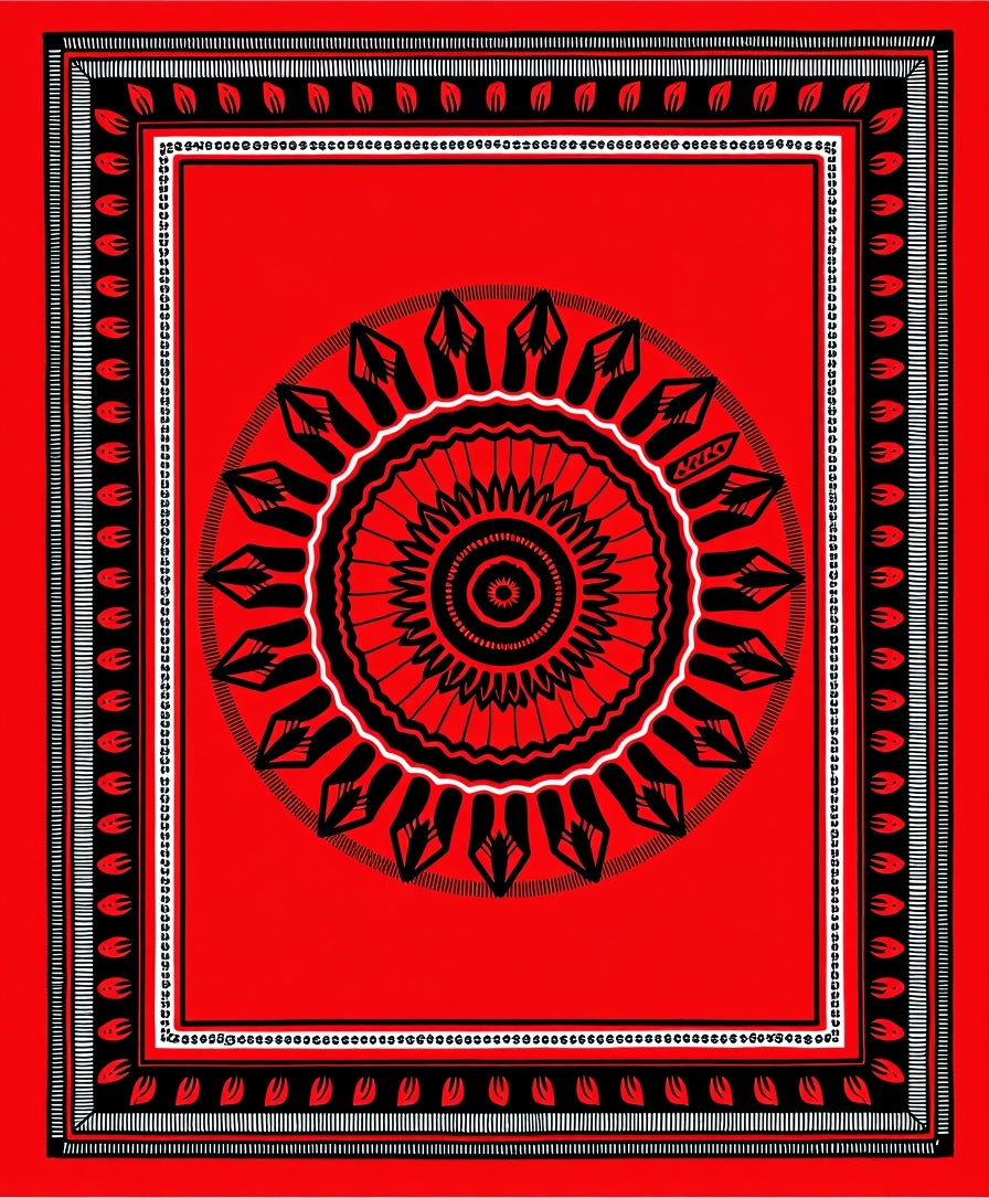 Bold Red Sunburst Mandala Border Rug