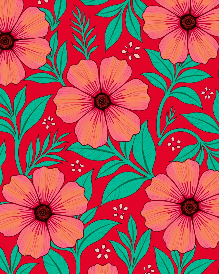 Vibrant Coral Floral Foliage Background Rug