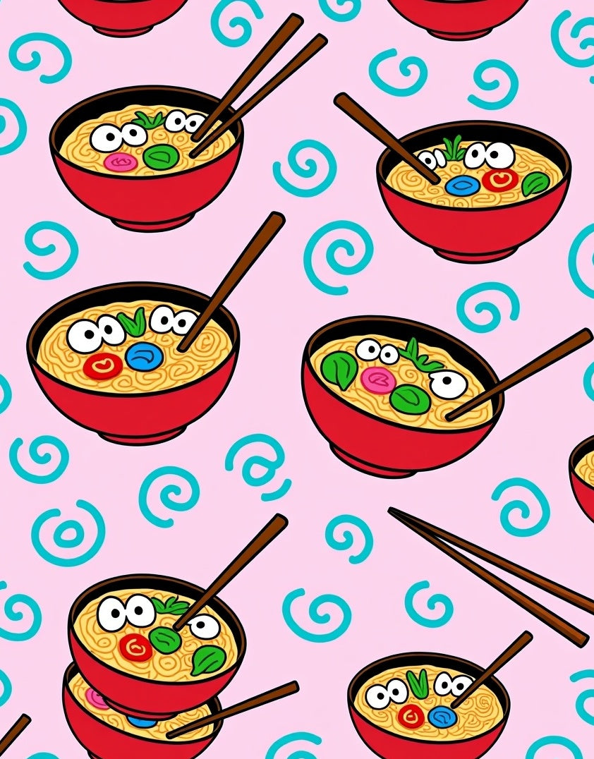 Whimsical Ramen Bowls Pink Swirl Rug