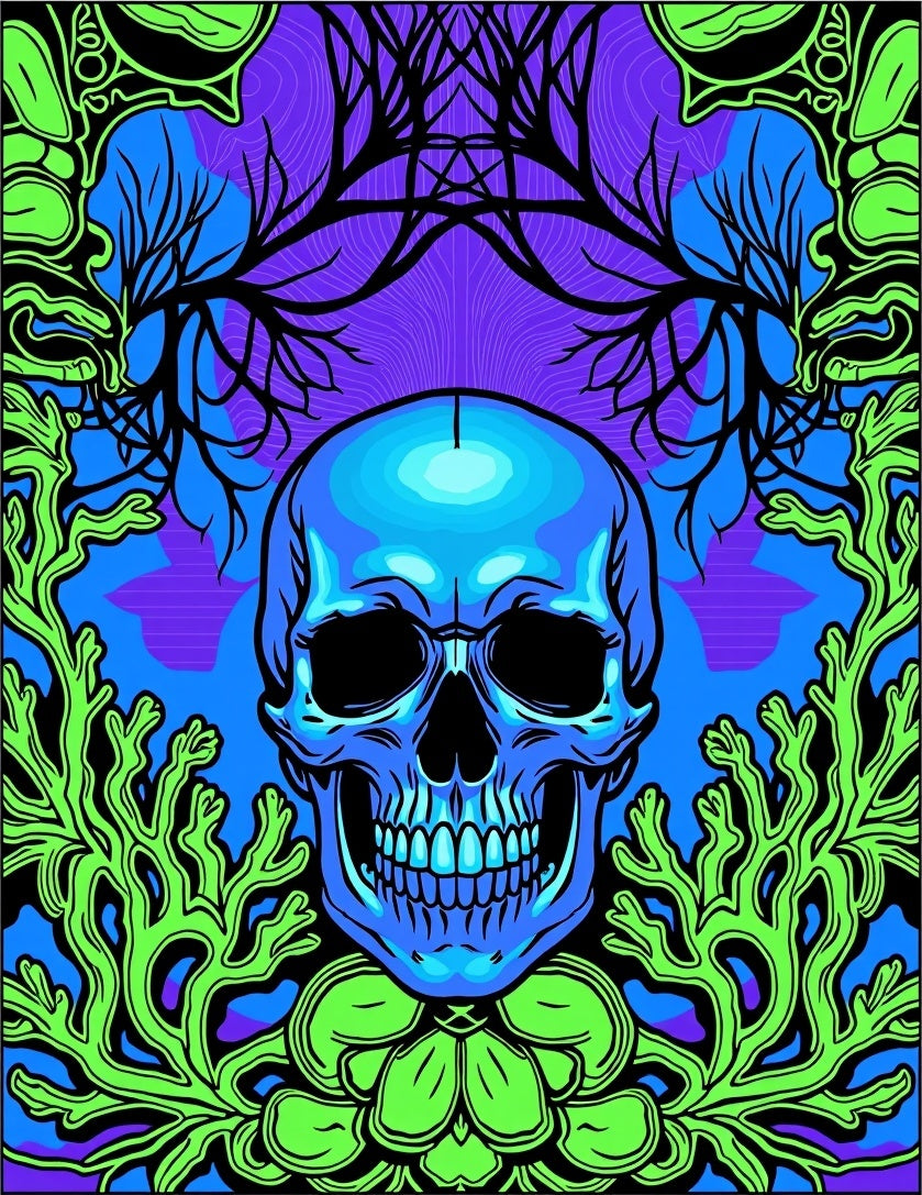 Blue Skull With Neon Coral Garden Rug