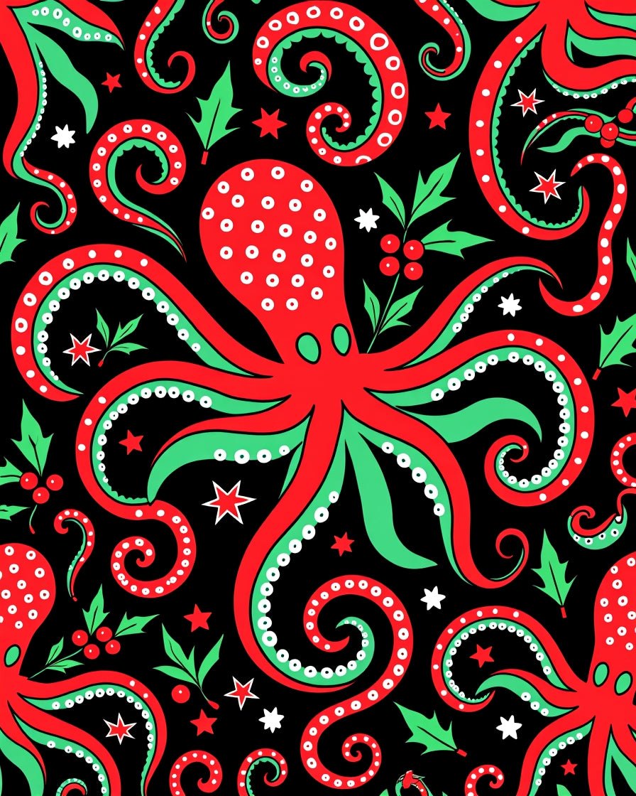 Festive Red Green Octopus Swirls Rug