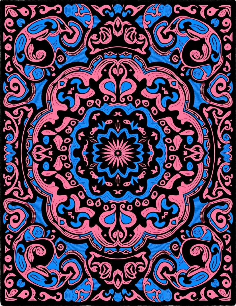 Ornate Pink Blue Mandala Burst Rug