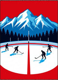 Winter Mountain Hockey Players Scene Rug