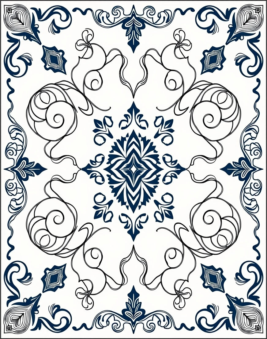 Elegant Navy Swirl Medallion Rug