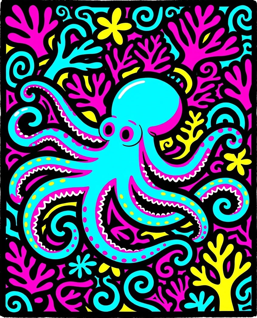 Vibrant Cyan Octopus Coral Garden Rug