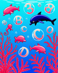 Blue Pink Dolphin Bubbles Coral Rug