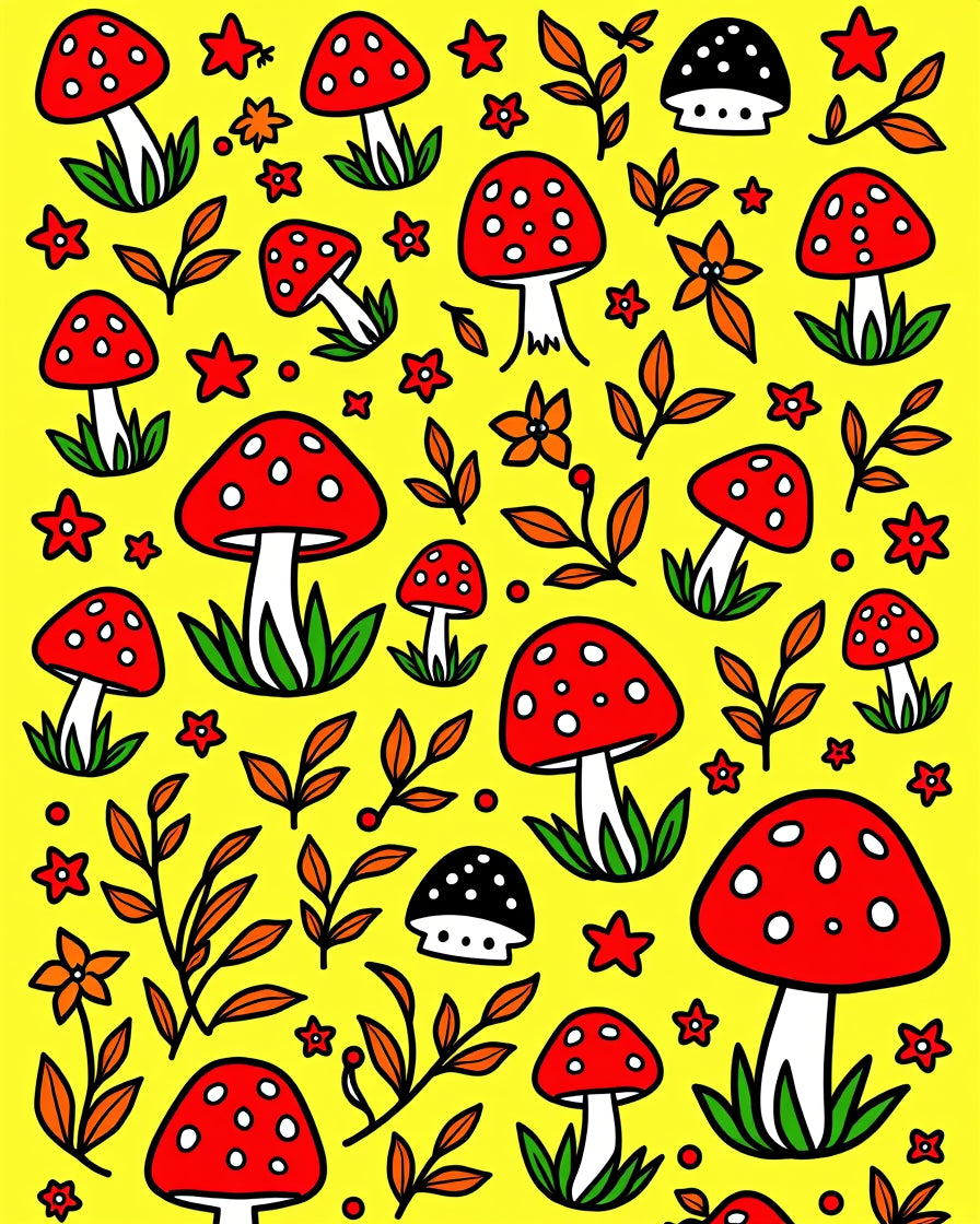 Red White Mushroom Floral Yellow Background Rug