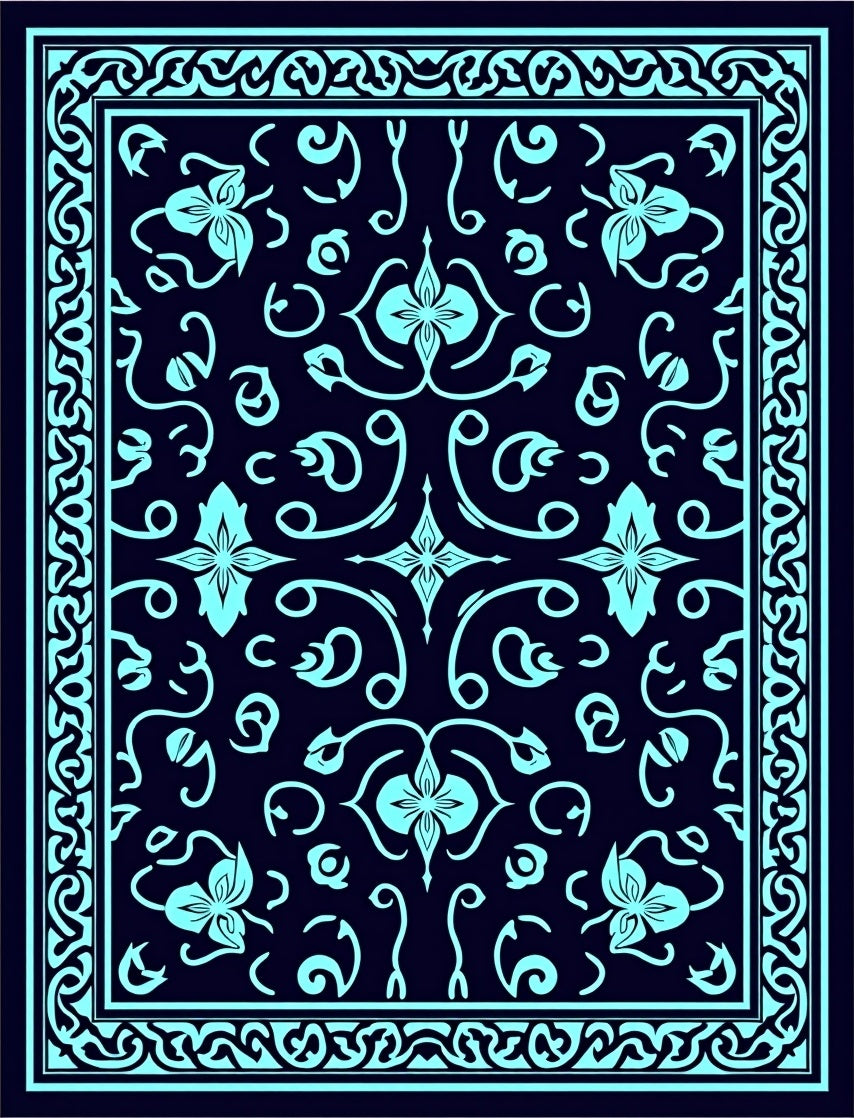Teal Floral Bordered Dark Blue Rug