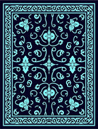 Teal Floral Bordered Dark Blue Rug