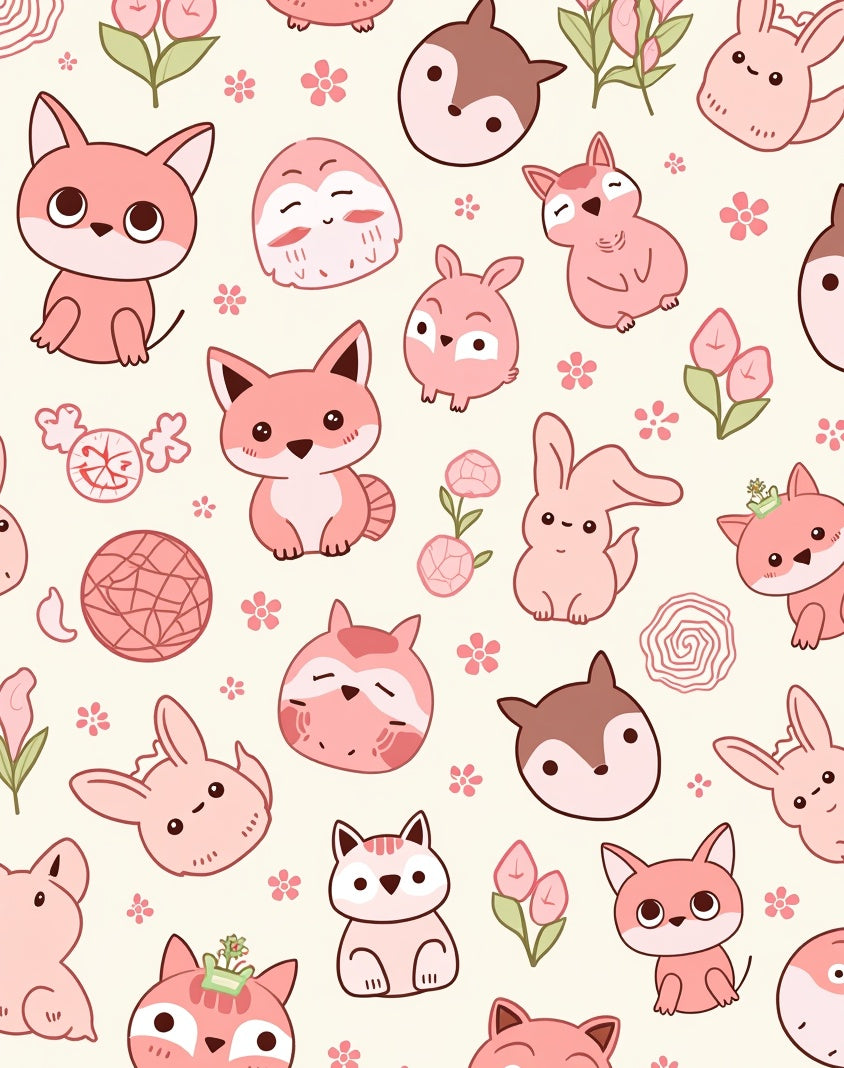 Cute Pink Forest Creatures Floral Scatter Rug