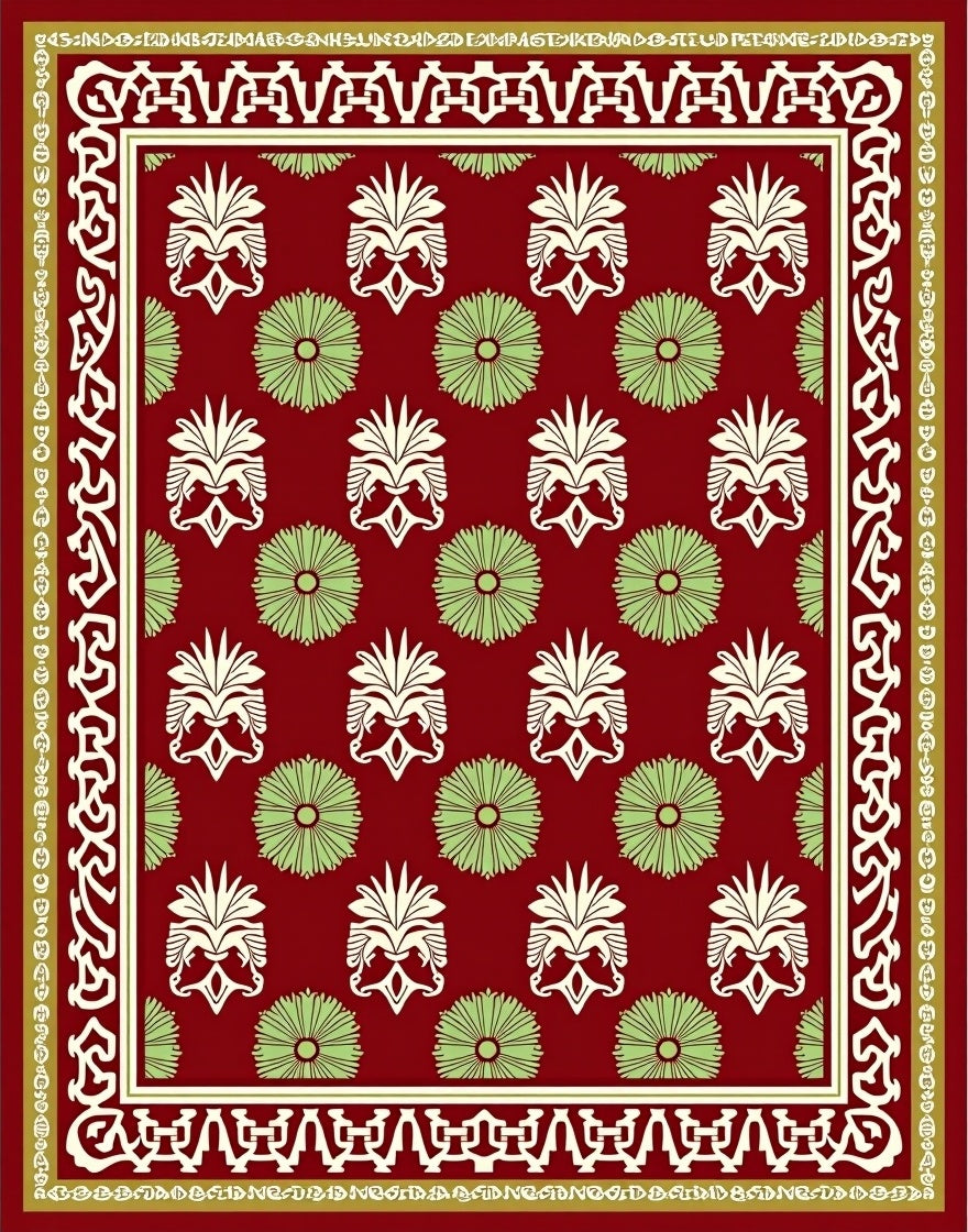 Crimson Cream Green Floral Border Rug