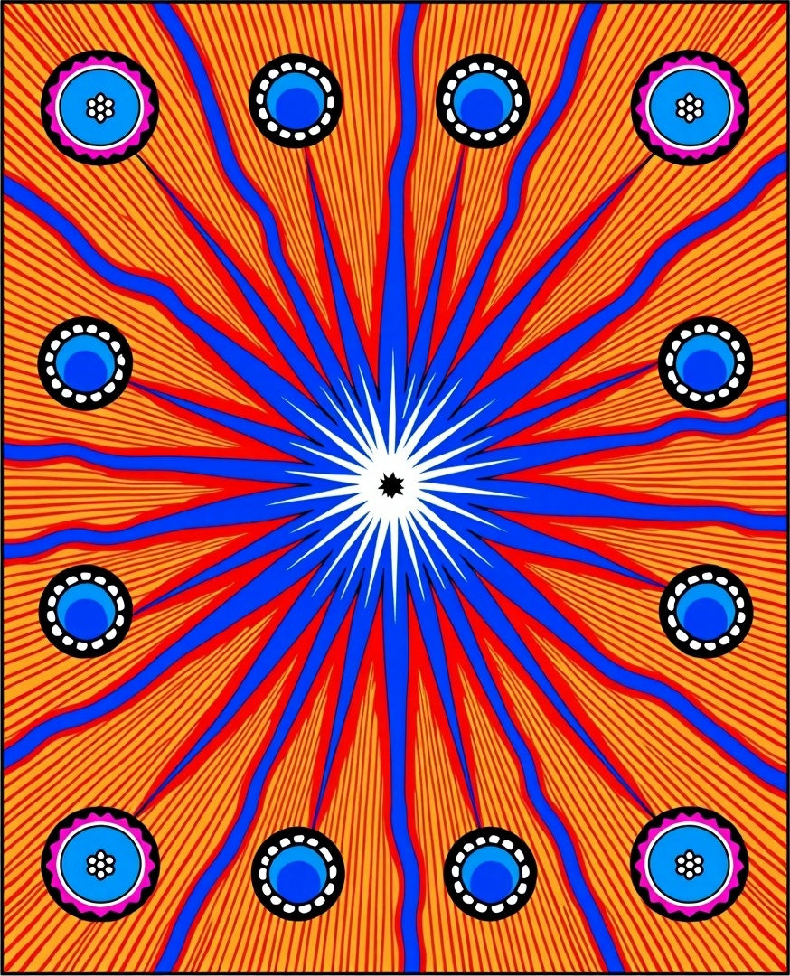 Vibrant Red Blue Sunburst Medallions Rug