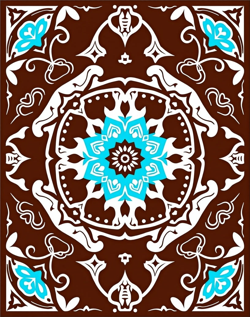 Brown White Cyan Floral Medallion Rug