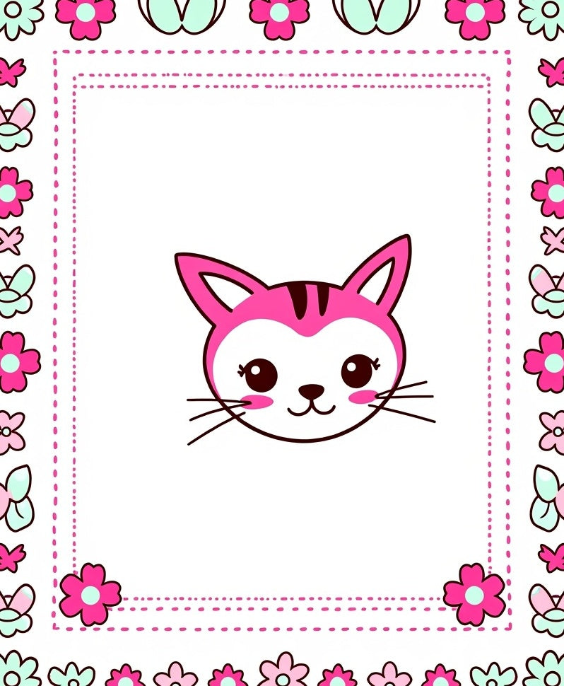 Cute Pink Kitty Flower Border Rug