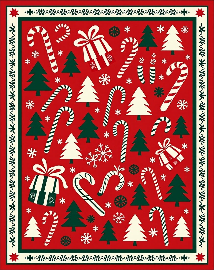 Red Green Christmas Trees Candy Canes Gifts Rug