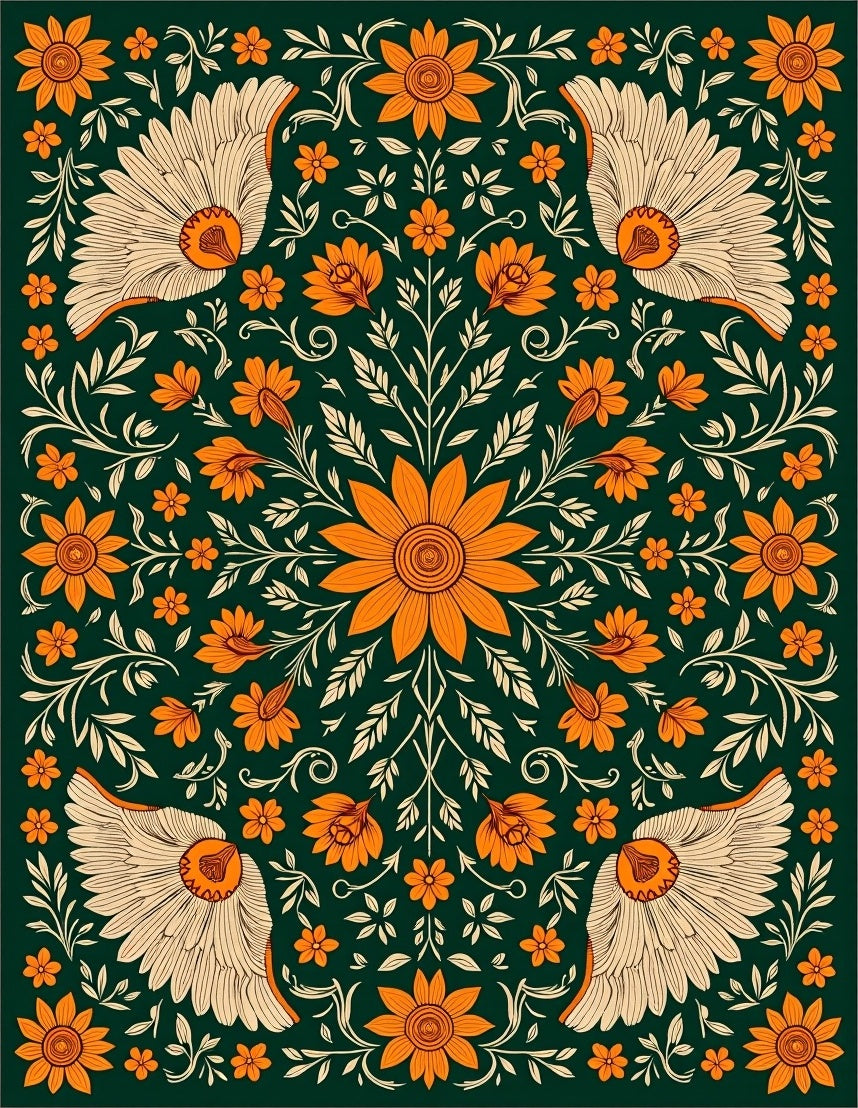 Emerald Orange Floral Winged Medallion Rug