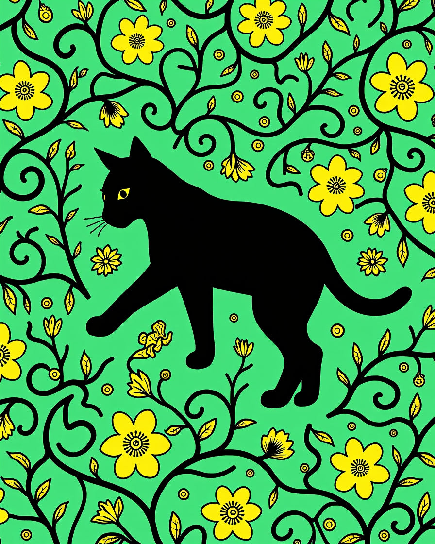 Black Cat Yellow Flower Vines Rug