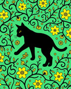 Black Cat Yellow Flower Vines Rug