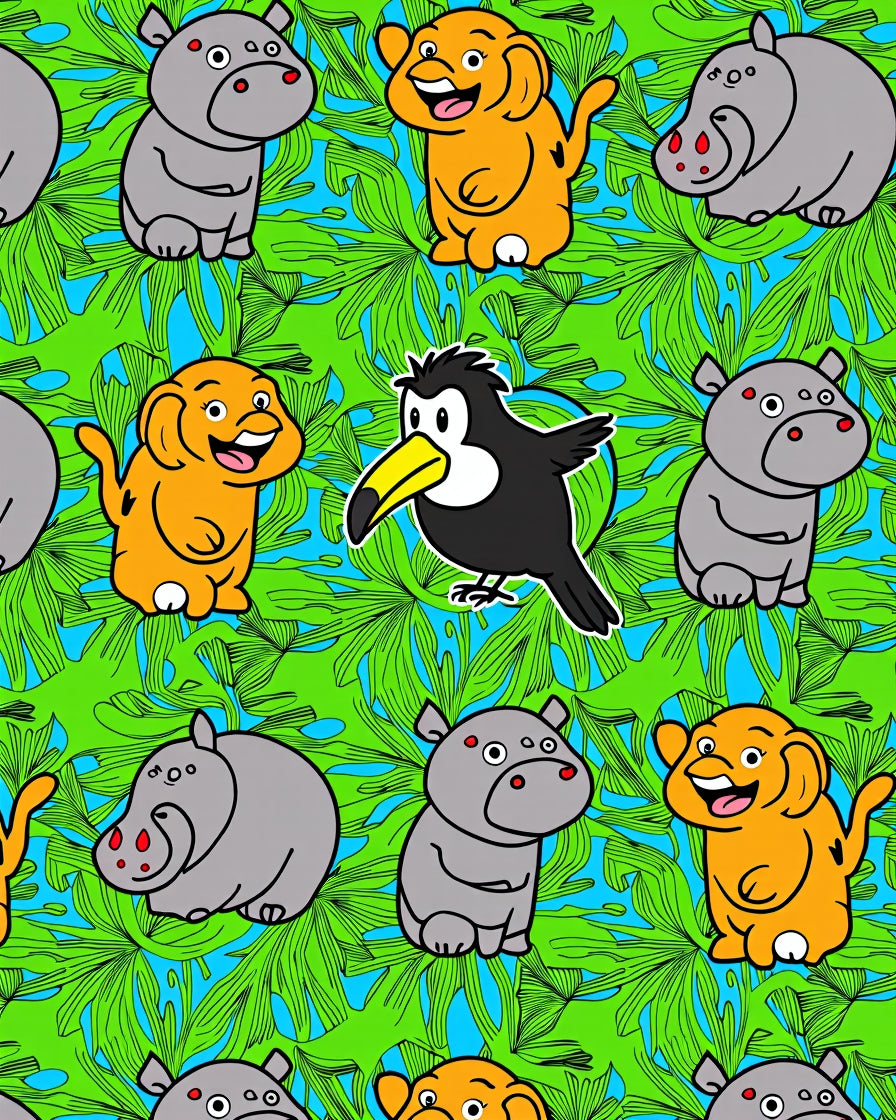 Jungle Friends Hippo Toucan Tropical Leaf Rug