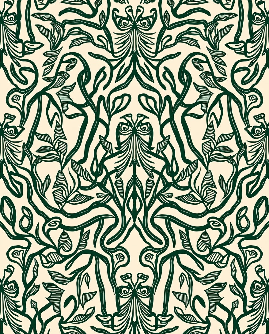 Deep Green Art Nouveau Botanical Vines Rug