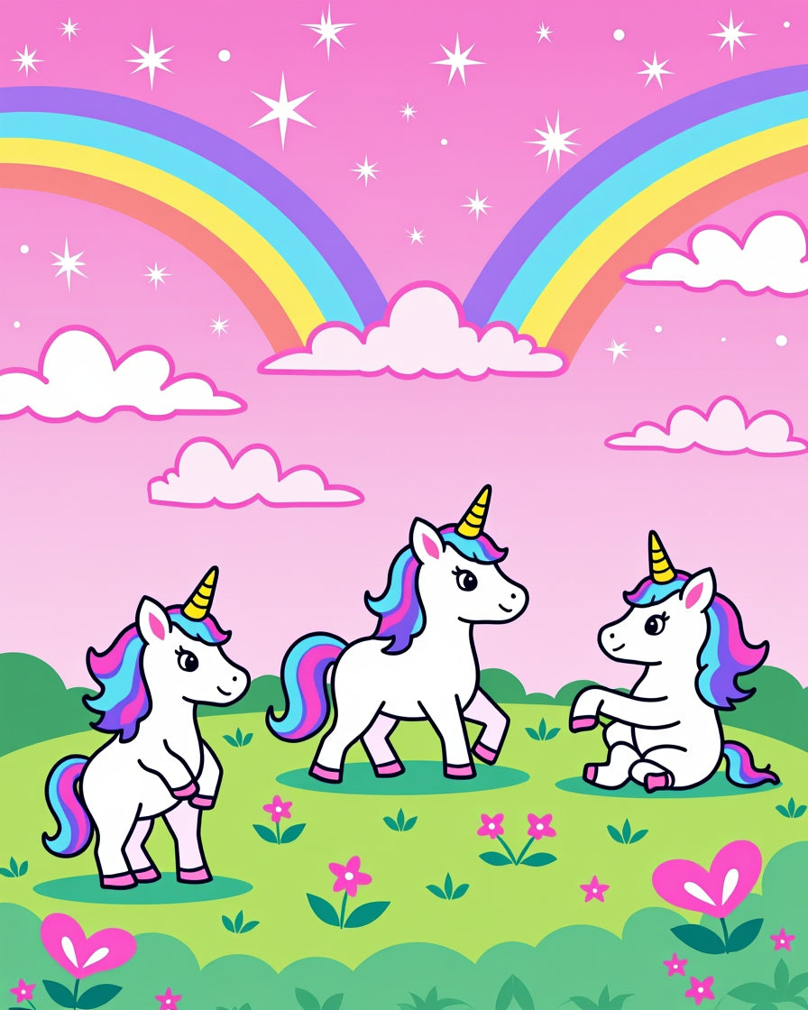 Whimsical Unicorns Under Rainbow Sky Rug