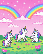 Whimsical Unicorns Under Rainbow Sky Rug