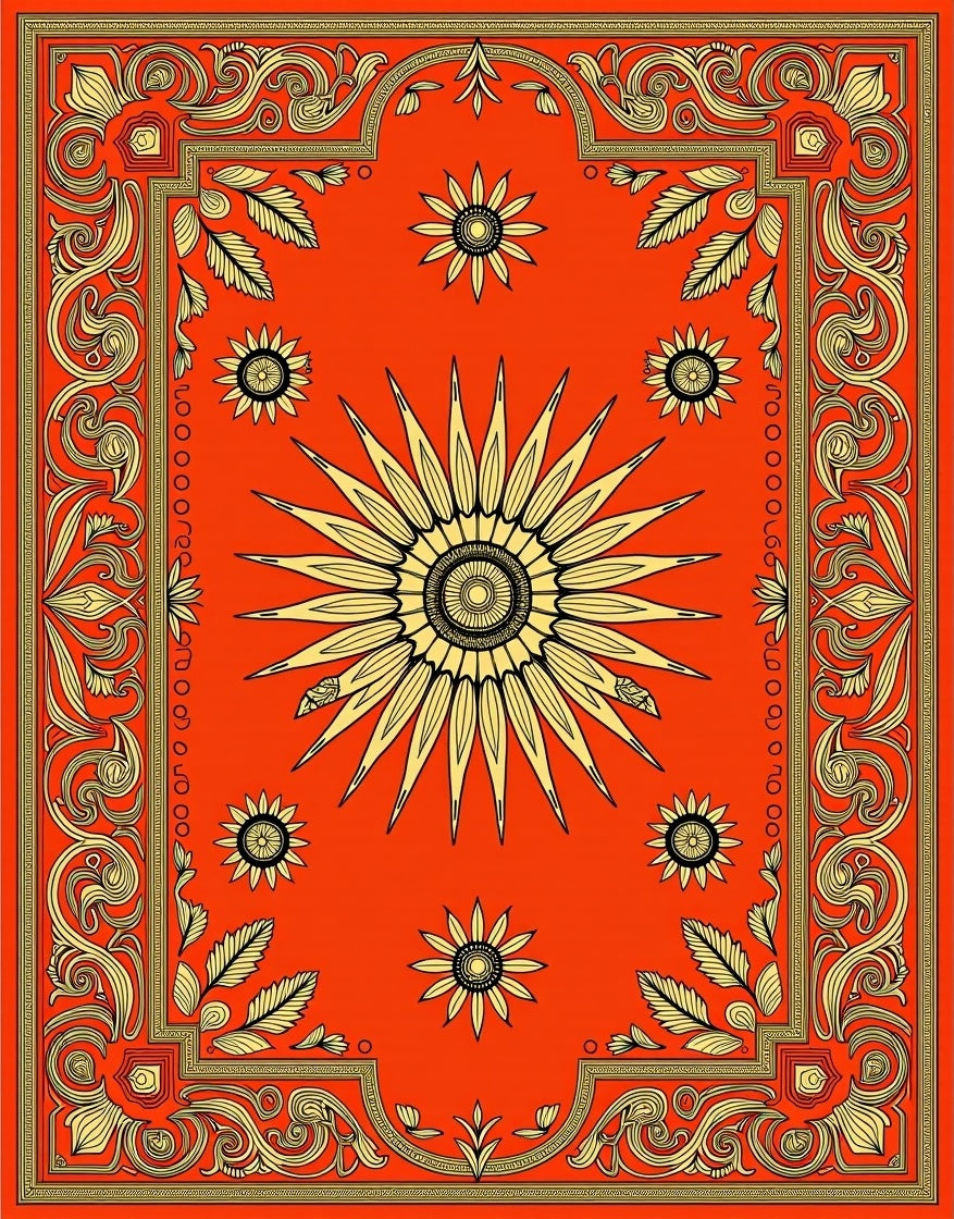 Golden Sunburst Floral Border Rug
