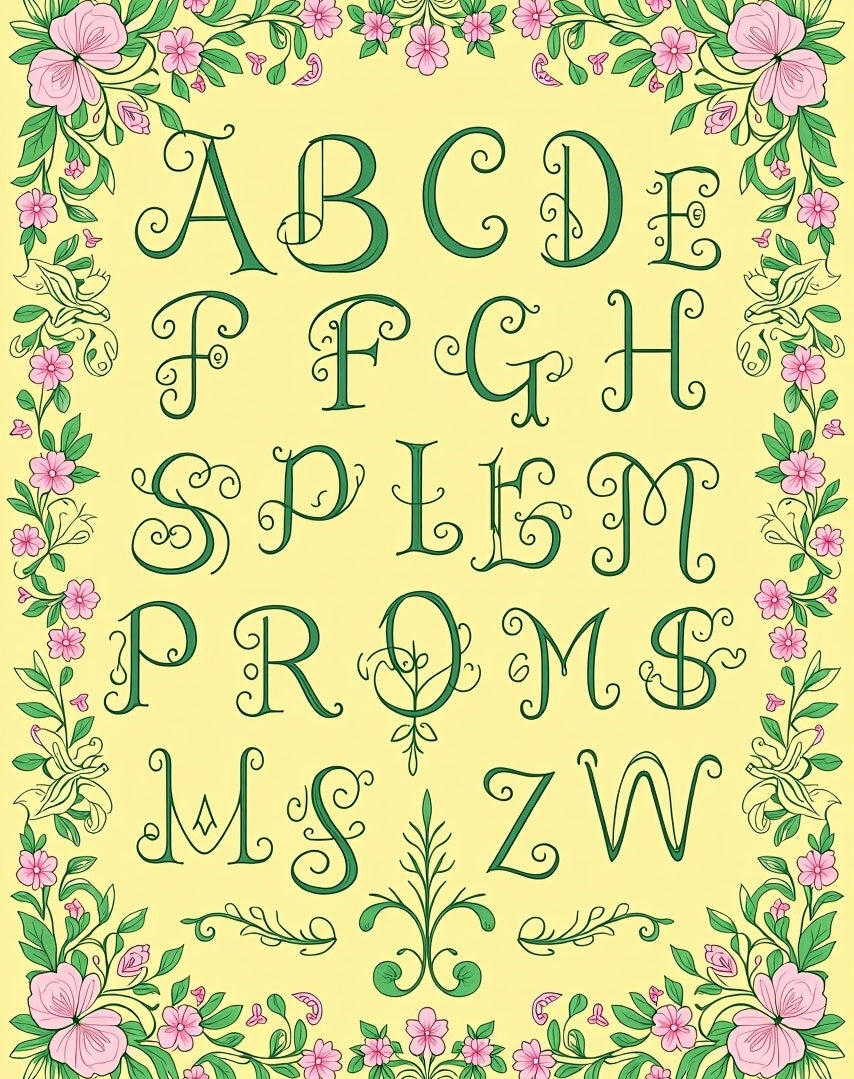 Green Floral Alphabet Border Accent Rug