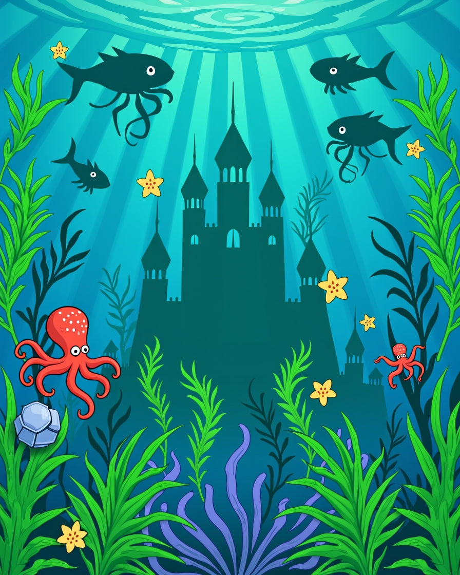 Oceanic Cartoon Castle and Sea Creatures Rug