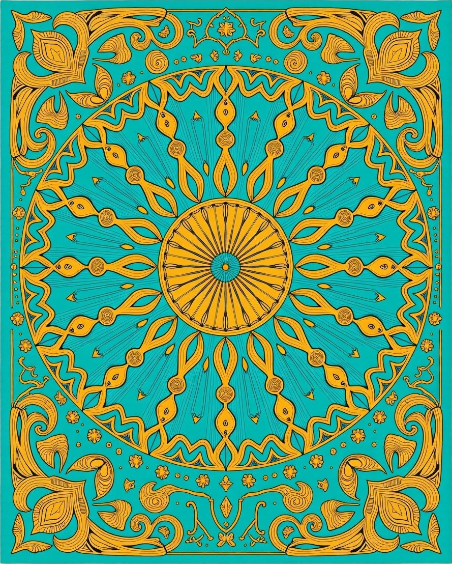 Golden Sunburst Turquoise Mandala Rug