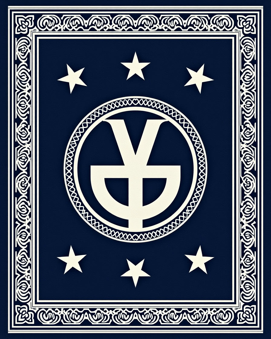 Deep Blue White Star Emblem Border Rug