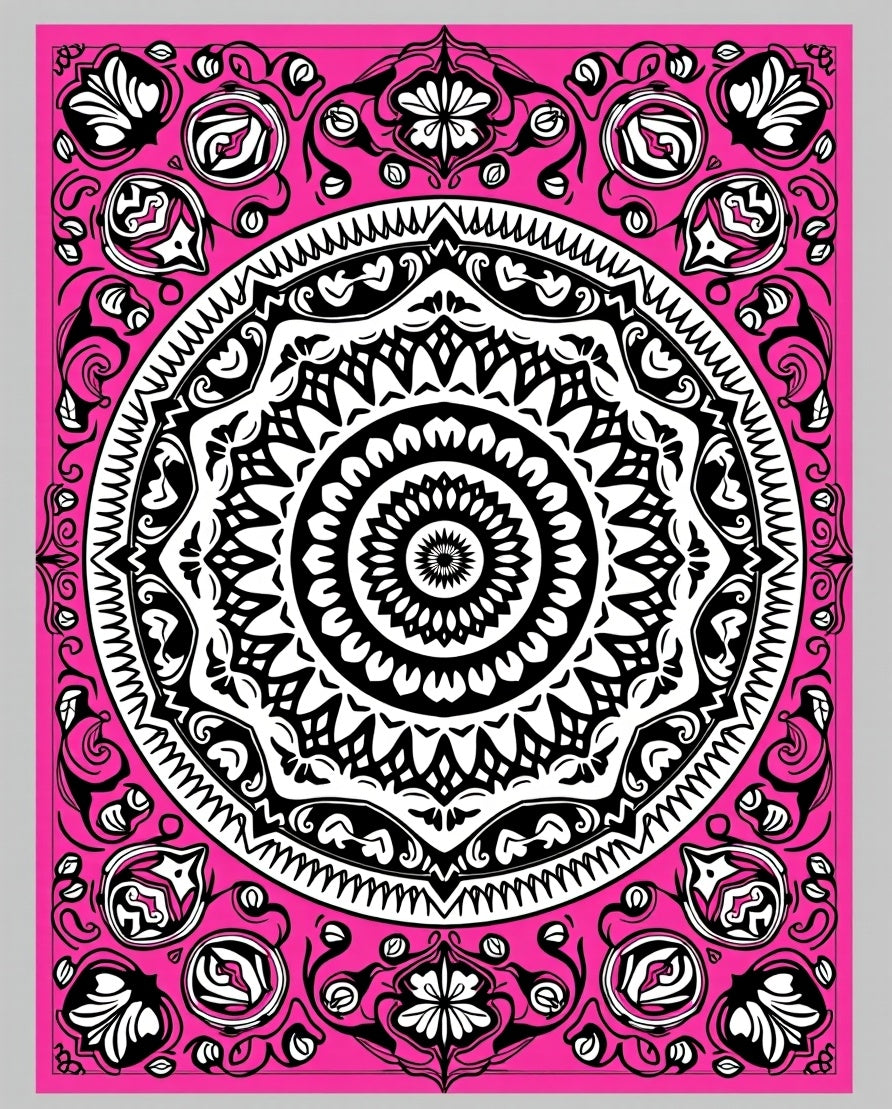 Vibrant Pink Black Mandala Bloom Rug