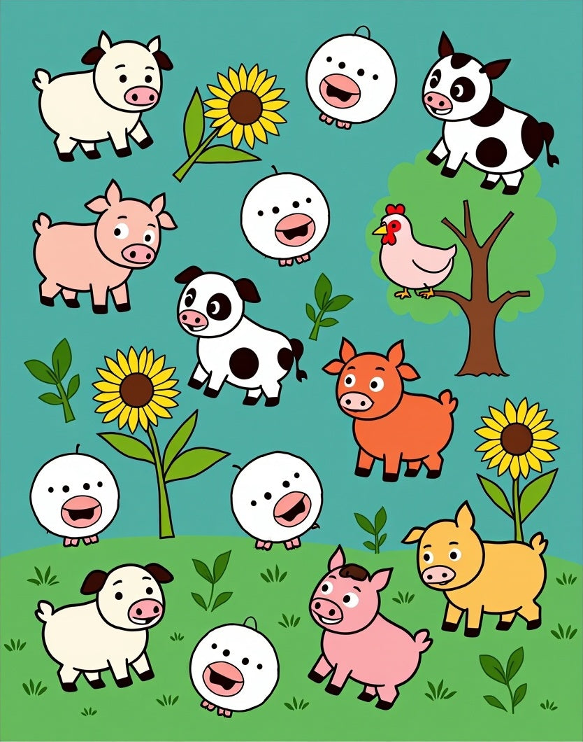 Cute Farm Animals and Sunflowers Playful Assortment Rug