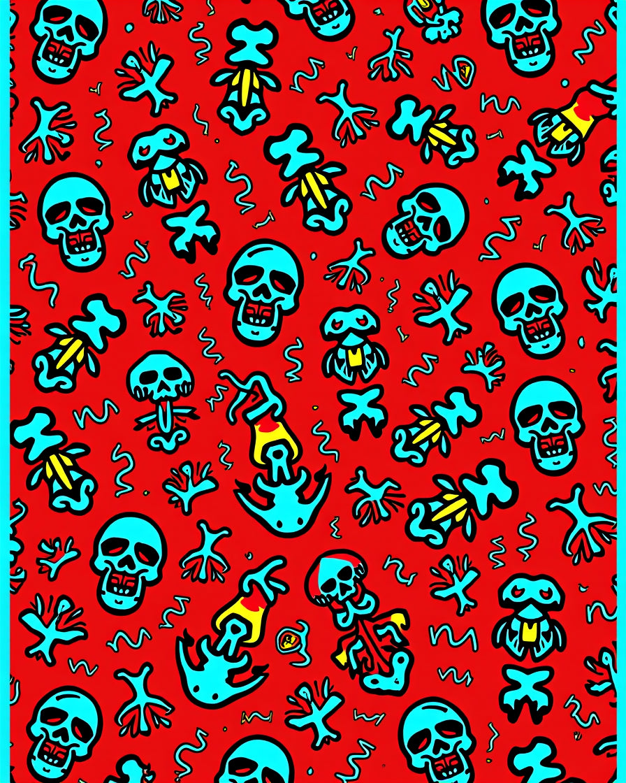 Red Turquoise Skull Skeleton Graffiti Rug