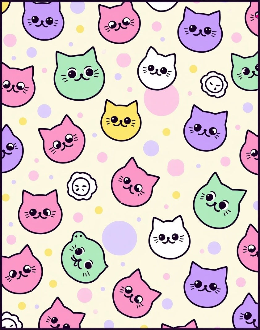 Cute Pastel Kitten Faces Scattered Dots Rug