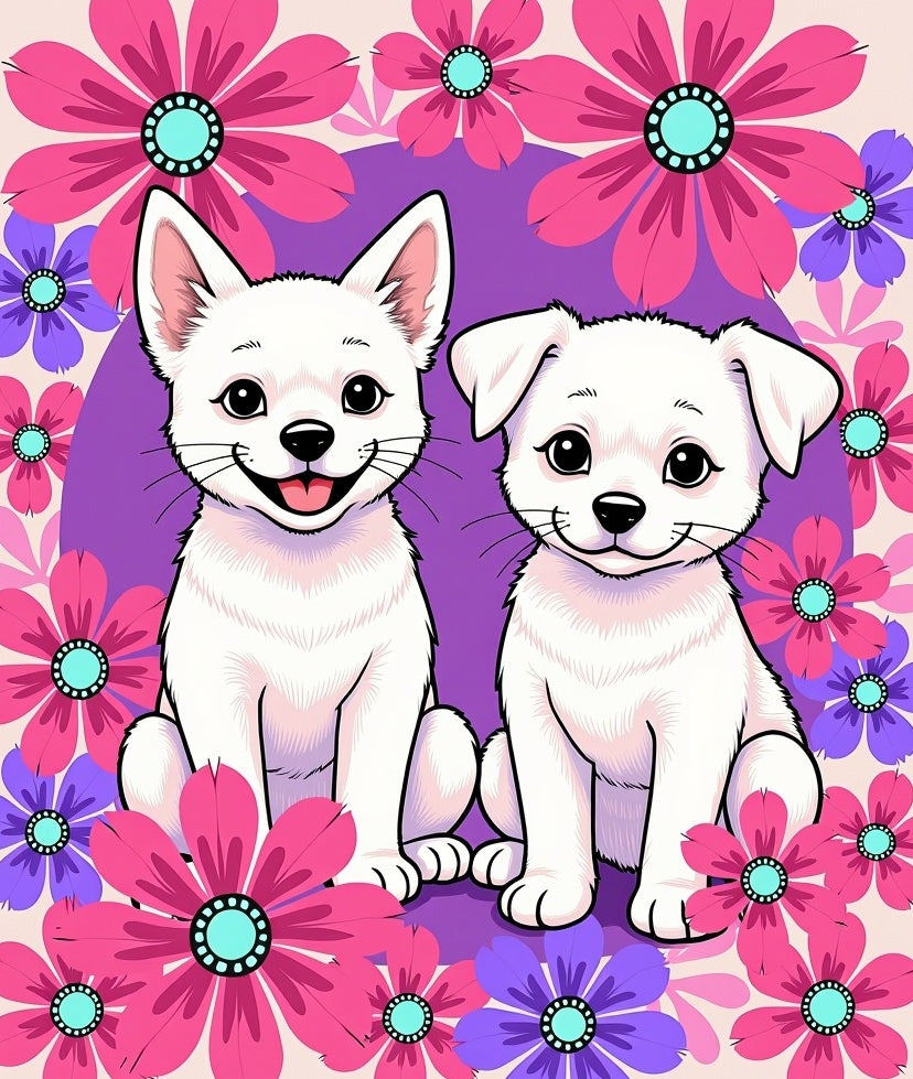 Two White Puppy Floral Garden Rug