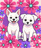 Two White Puppy Floral Garden Rug