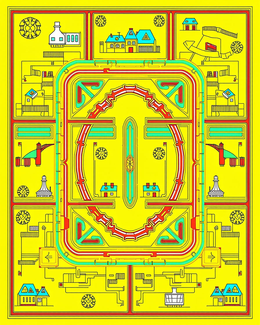 Yellow Red Teal Village Cityscape Mandala Rug