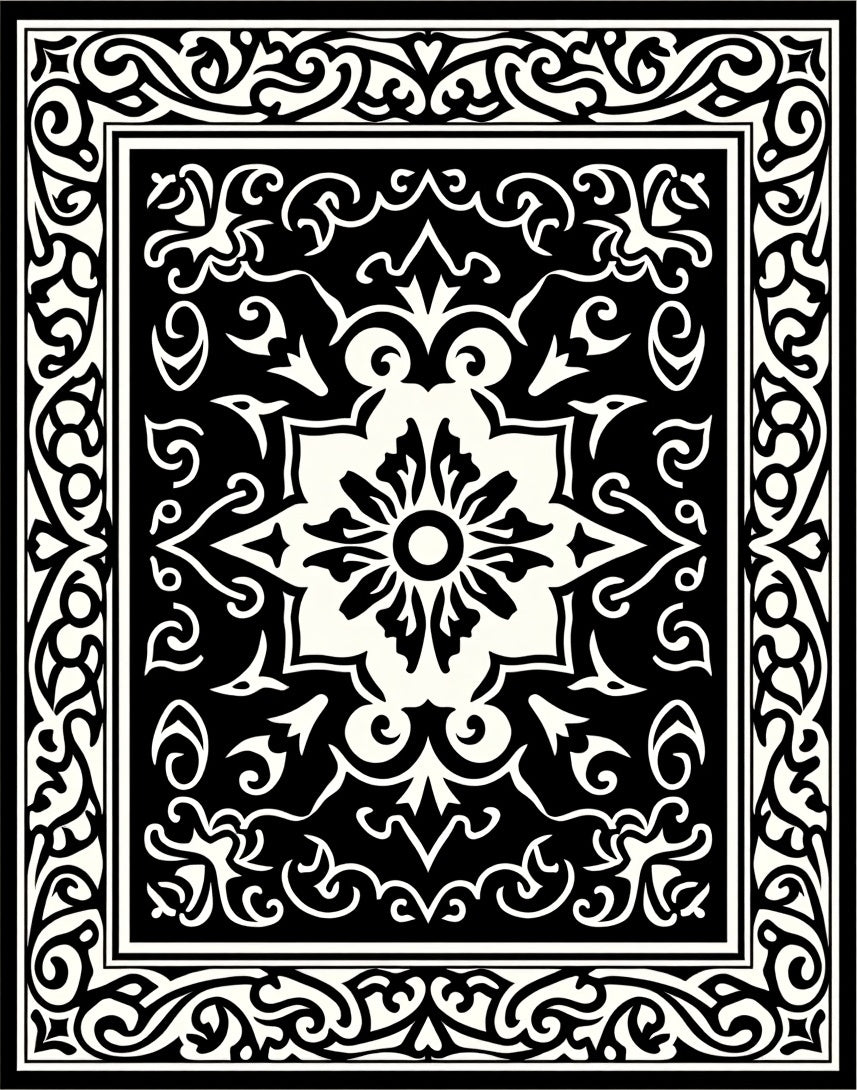 Classic Black White Medallion Border Design Rug