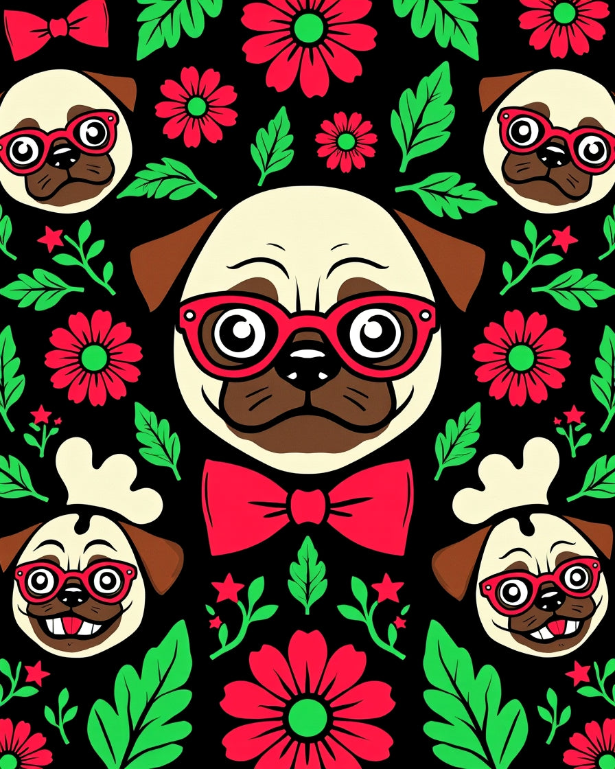 Playful Red Glasses Pug Floral Collage Rug