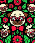 Playful Red Glasses Pug Floral Collage Rug