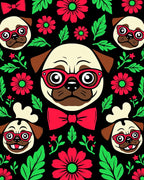 Playful Red Glasses Pug Floral Collage Rug