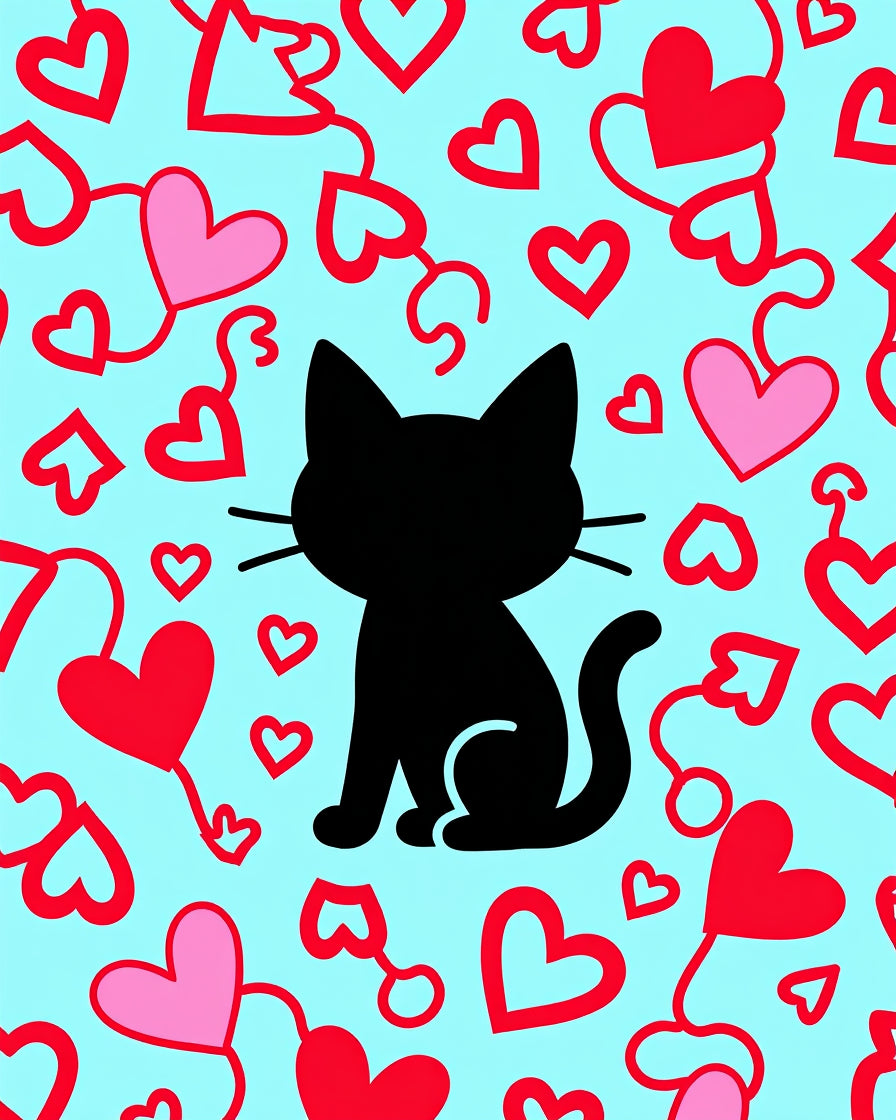 Black Cat Hearts Playful Red Pink Rug