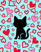 Black Cat Hearts Playful Red Pink Rug